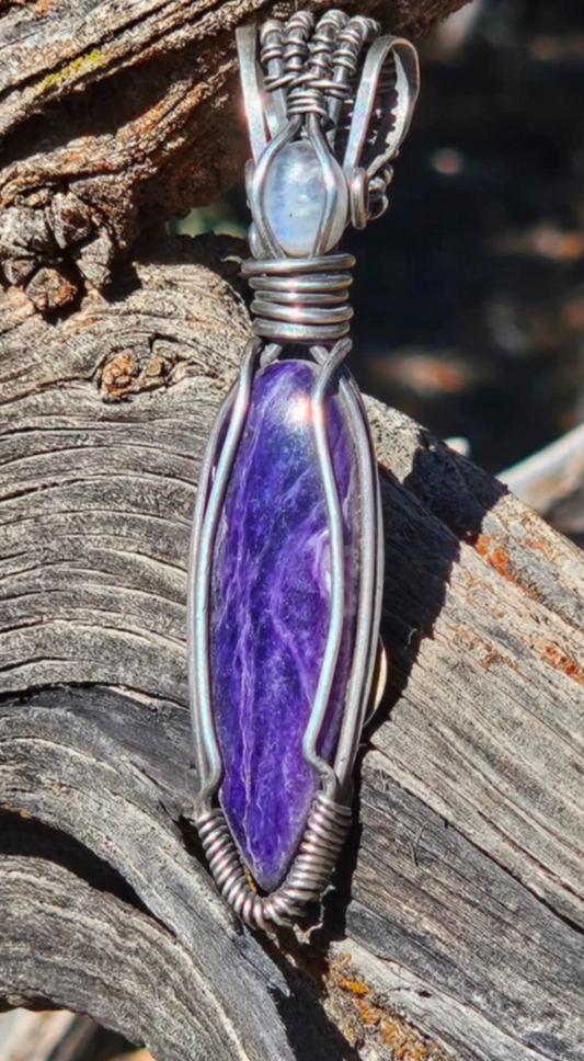 Lions Gate Spiritually Fixed Charoite & Moonstone Sterling Silver Necklace